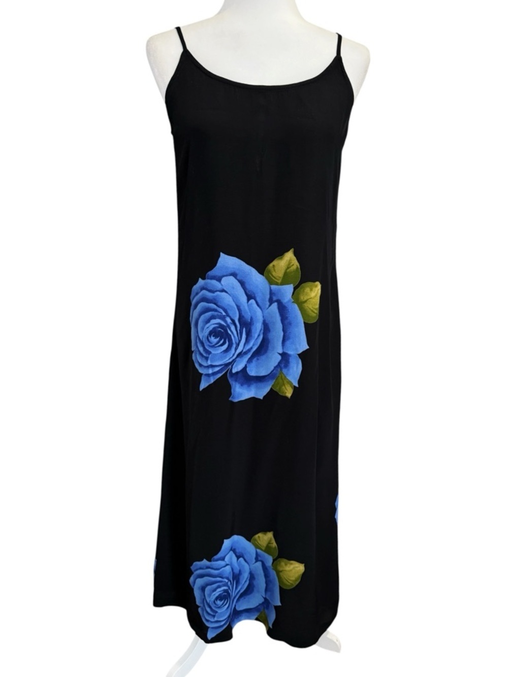 Y2K Black Slip Dress Blue Rose Floral Midi Maxi 90s Aesthetic Strappy M
